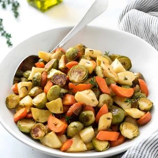 Maple Thyme Roasted Brussels Sprouts, Carrots and Parsnips