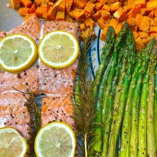 Sheet Pan Salmon with Asparagus and Sweet Potatoes