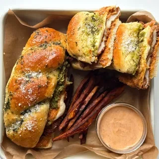 Garlic Knot Vodka Parmesan Chicken Sandwich