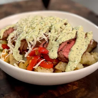 High Protein Steak Bowl with Garlic Herb Yogurt Drizzle