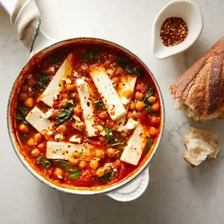 Braised Chickpeas with Tomato, Spinach, and Feta