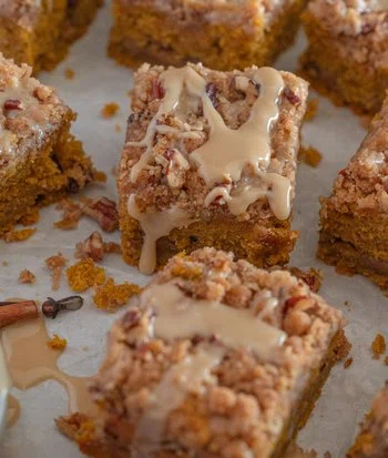 Pumpkin Pecan Coffee Cake with Brown Butter Streusel and Maple Icing