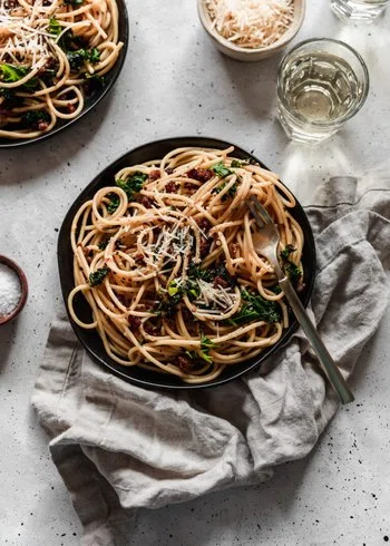Bucatini Carbonara With Sausage & Greens