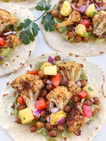 Roasted Cauliflower and Chickpea Tacos with Pineapple Salsa
