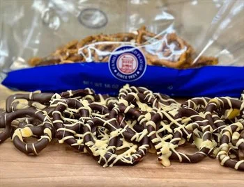 Chocolate-Covered Pretzels with Peanut Butter Drizzle