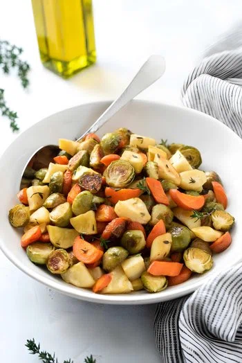 Maple Thyme Roasted Brussels Sprouts, Carrots and Parsnips