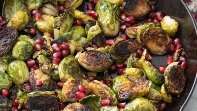 Cast Iron Brussels Sprouts with Pomegranate and Garlic