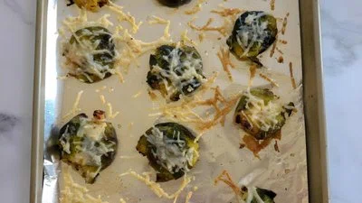 Smashed Brussels Sprouts with Vegan Cheese