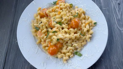 Sungold Tomato Pasta with Roasted Garlic & Burrata