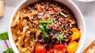 French Lentils Braised in Red Wine and Caramelized Onions
