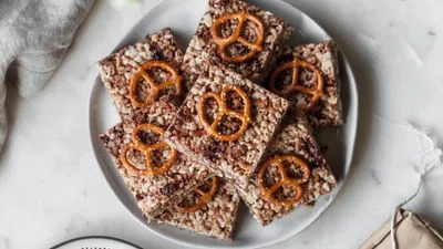 Brown Butter Rice Krispie Treats With Dark Chocolate & Pretzels