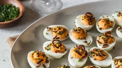 Spicy Deviled Eggs With Crispy Shallots