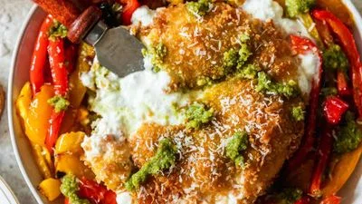 Fried Burrata With Roasted Peppers & Pesto