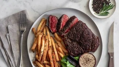 Reverse Seared Chuck Steak + Brandy Peppercorn Sauce
