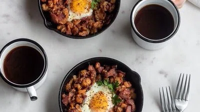 Bacon Hash Skillet With Runny Eggs & Harissa
