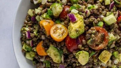 Lentil Salad with Avocado, Cherry Tomato, and Lime Cilantro Vinaigrette