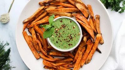 Baked Sweet Potato Fries with Green Goddess Dip