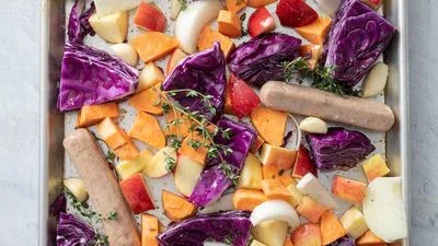 Sheet Pan Sausage with Cabbage and Apples