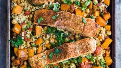 One Pan Salmon and Squash with Couscous