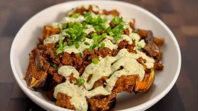 Beef & Sweet Potato Bowls with Garlic Herb Sauce