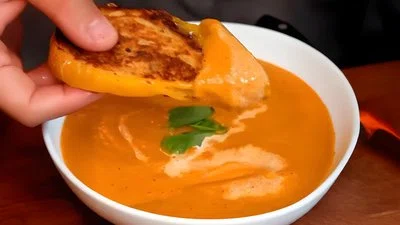 Roasted Garlic Tomato Soup with Grilled Cheese