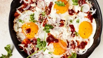 Red Chilaquiles with Fried Eggs