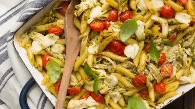 Caprese Chicken Pesto Pasta Bake
