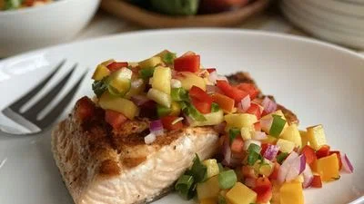 Spice-Rubbed Grilled Salmon with Fruit Trio Salsa