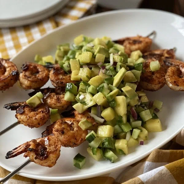 Grilled Shrimp Skewers with Pineapple, Cucumber & Avocado Salsa cover