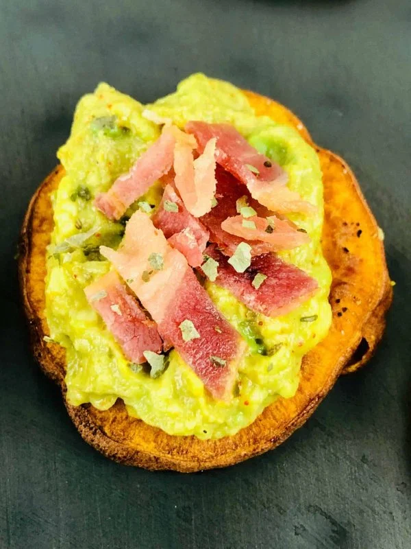 Sweet Potato Appetizer with Bacon and Avocado cover