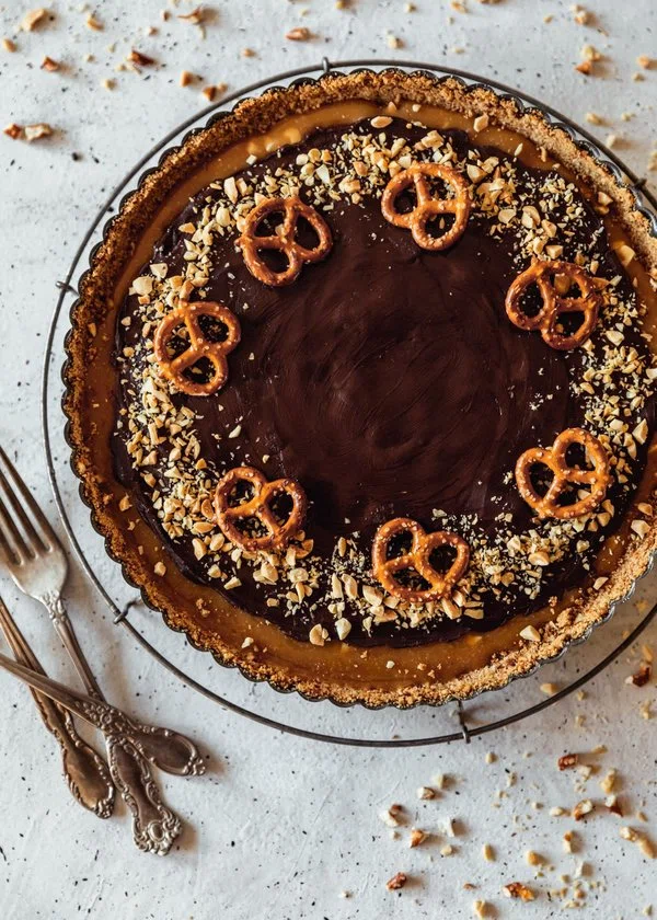 Chocolate Caramel Tart With Pretzel Crust cover