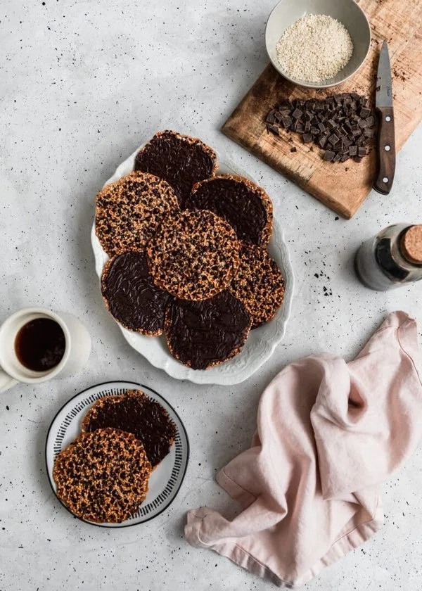 Sesame Lace Cookies With Dark Chocolate cover