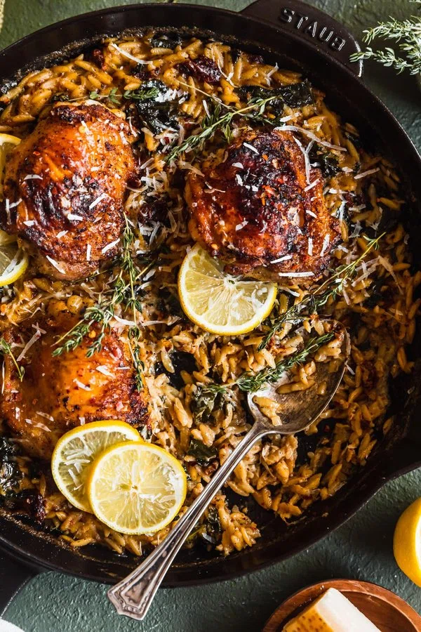 Creamy Tuscan Chicken And Orzo Skillet cover