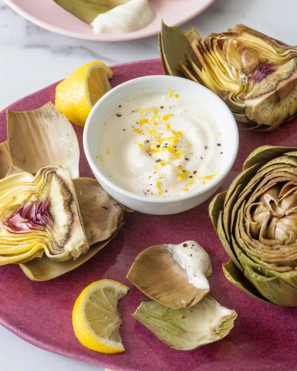 Steamed Artichokes with Lemon Yogurt Dipping Sauce cover