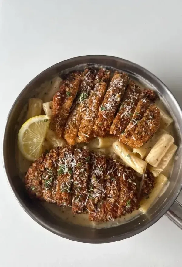 Lemon Garlic Parmesan Pasta with Crispy Chicken cover