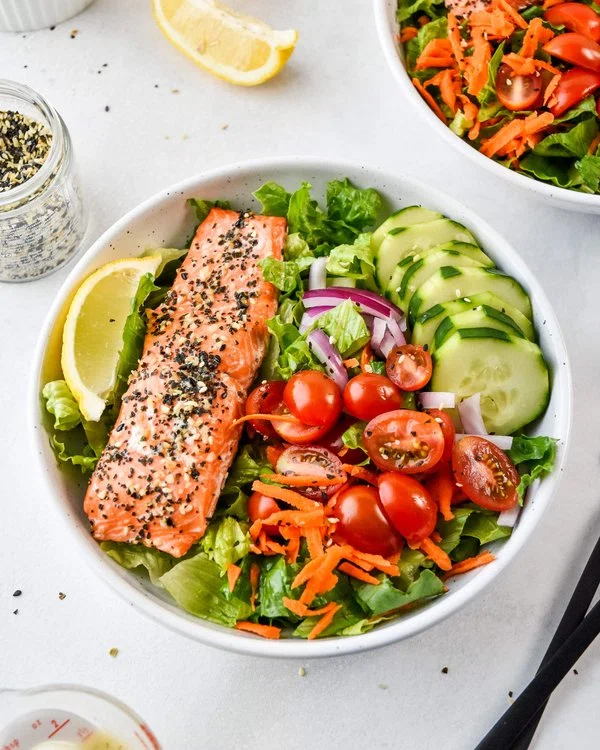 Everything Bagel Baked Salmon Salad Bowls cover