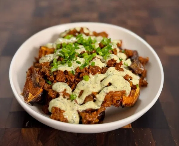 Beef & Sweet Potato Bowls with Garlic Herb Sauce cover