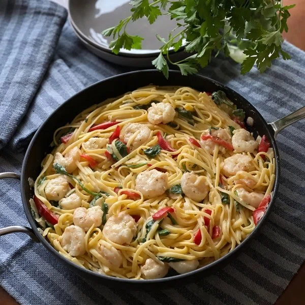 Creamy Shrimp & Spinach Pasta cover