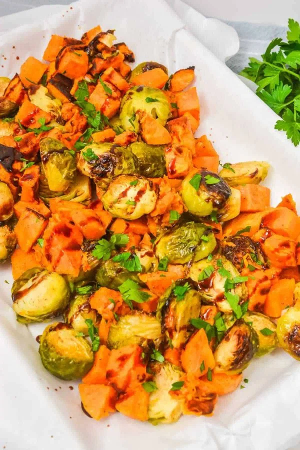 Roasted Sweet Potatoes with Brussel Sprouts cover