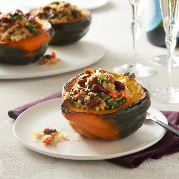 Vegan Quinoa, Spinach, and Mushroom Stuffed Acorn Squash cover